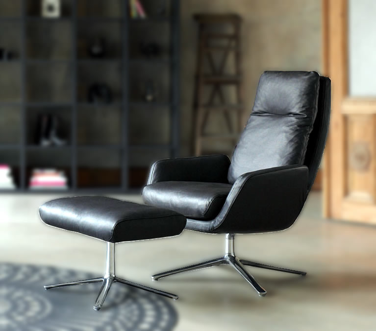 Cordia Sessel mit Hocker Leder schwarz